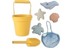 BLUE GINKGO Silicone Beach Toys - Modern Baby | Travel Friendly Toys Set | Silicone Bucket, Shovel, 4 Sand Molds, Beach Bag | Sand Toys for Toddlers, Kids - Yellow