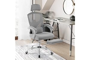 NEWBULIG Ergonomic Office Chair with Wheels, Computer Desk Seat with Adjustable Headrest Lumbar Support Soft Armrest, Footrest, Grey