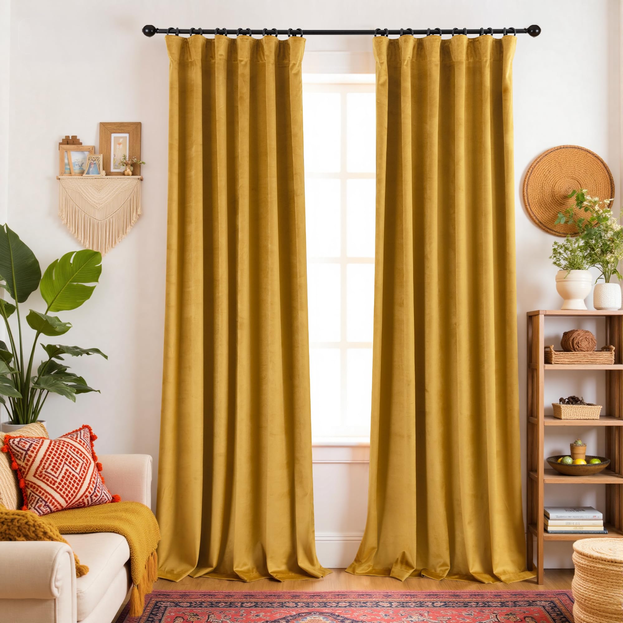 Photo 1 of KOUFALL 90 Inches Long Mustard Yellow Velvet Curtains Blackout,Back Hook Mid Century Modern Curtain,Pleated Blackout MCM Vintage Boho Eclectic Curtains for Living Room Bedroom