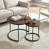 Cuizehua Round Nesting Coffee Table Set of 2, Stacking Minimalist End Table | Modern Marble Pattern Wooden Nesting Tables for Living Room Bedroom Small Space, Black Leg+Brown top