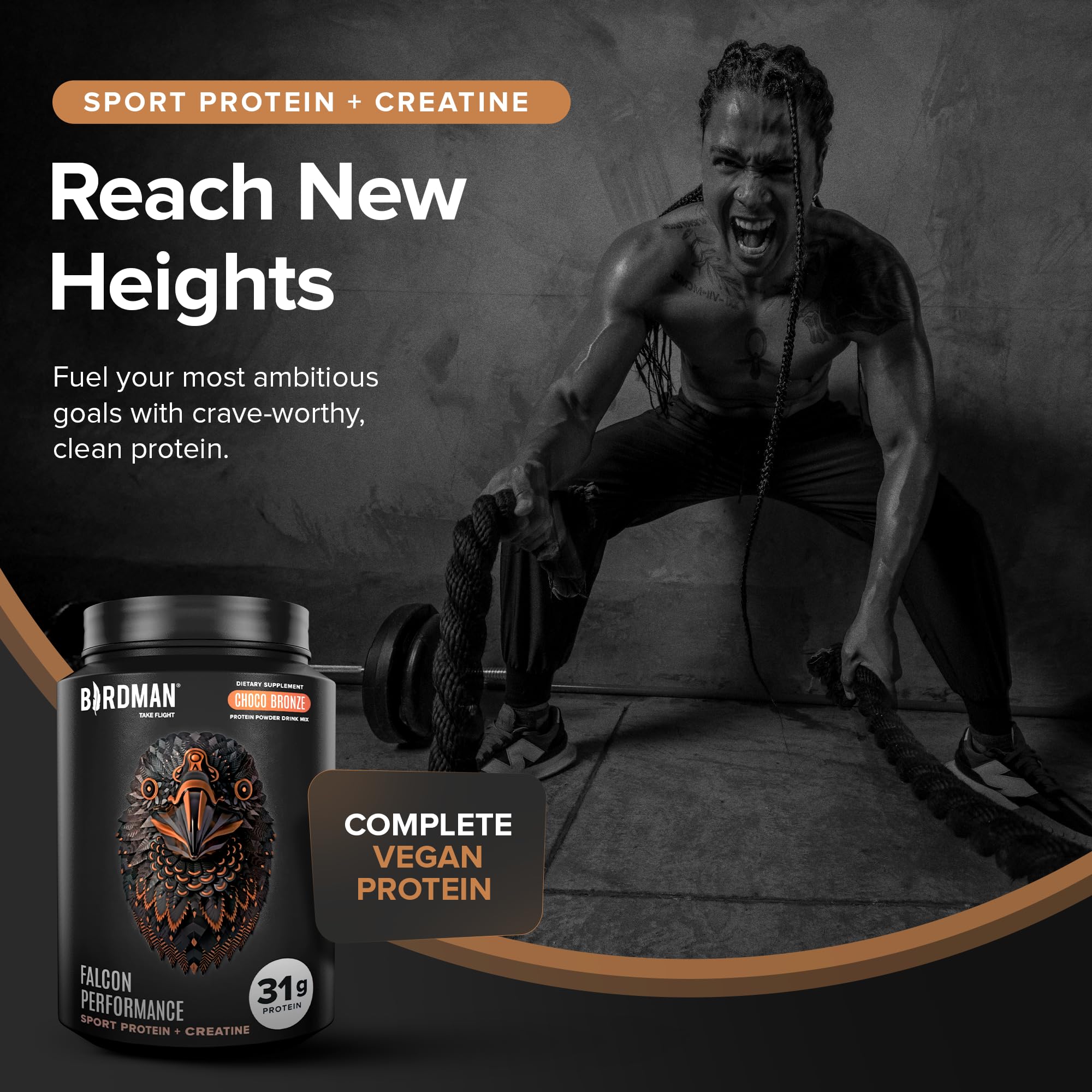 Birdman Falcon Performance Vegan Protein Powder, 31g Protein, 5g Creatine, 5g BCAA, Probiotics, Electrolytes, Pre Workout, Low Carb, Sugar Free & Dairy Free, Plant Based Chocolate Protein -19 servings