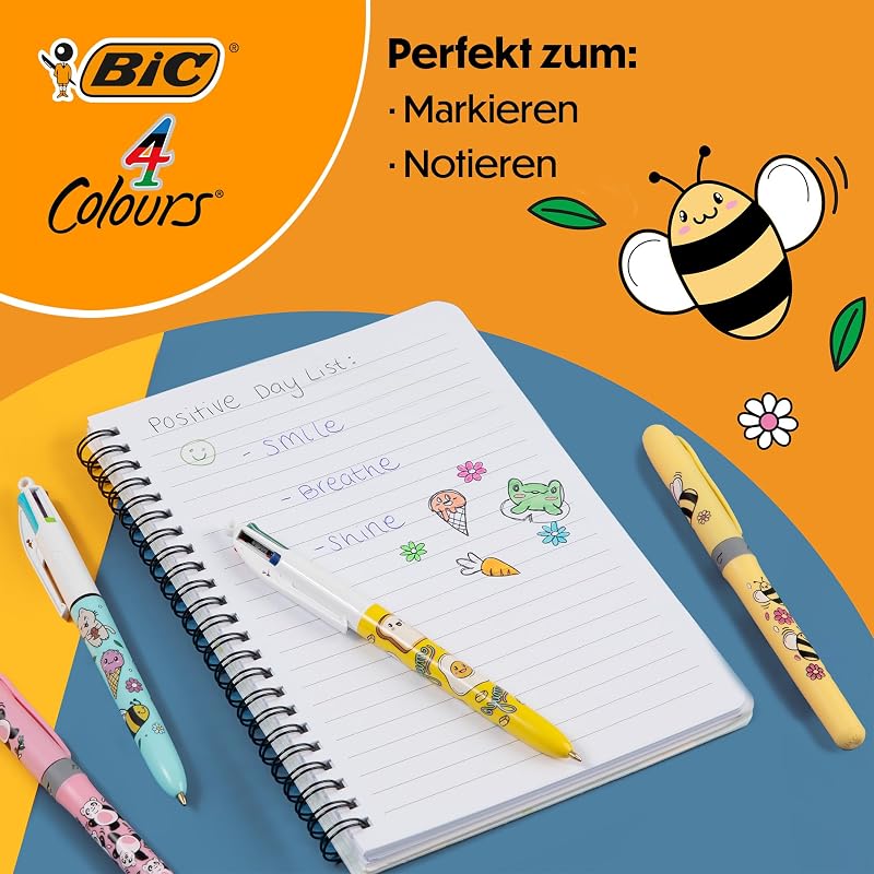 4 Colours Decors Kawaii-Reihe Druck-Kugelschreiber mit mittlerer Spitze (1,0 mm) in lustigen Titenfarben + BIC Highlighter Grip Decors mit Keilspitze – verschiedene Kawaii-Designs, Packung à 2+2