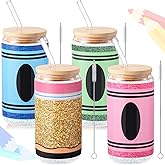 Baderke 4 Set Teacher Glass Cups Christmas Gifts Crayon and Pencil Drinking Tumbler 16 oz Iced Coffee Glasses with Lids and Straws for Student End of Year Appreciation Presents