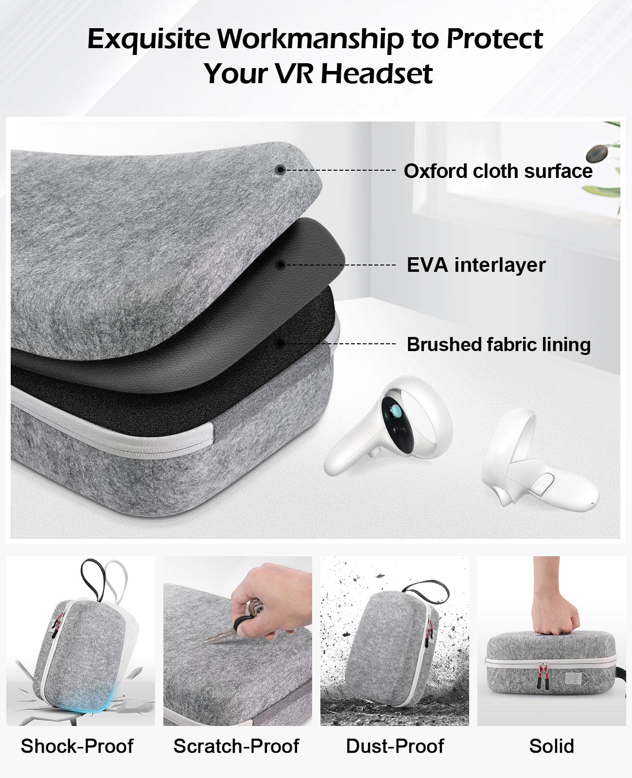 TOENNESEN Hard Carrying Case for Meta Quest 3/Oculus Quest 2/Vision Pro VR Headset with Official Elite Battery Strap and Touch Controllers Accessories, Lightweight for Travel and Home Storage(Grey)