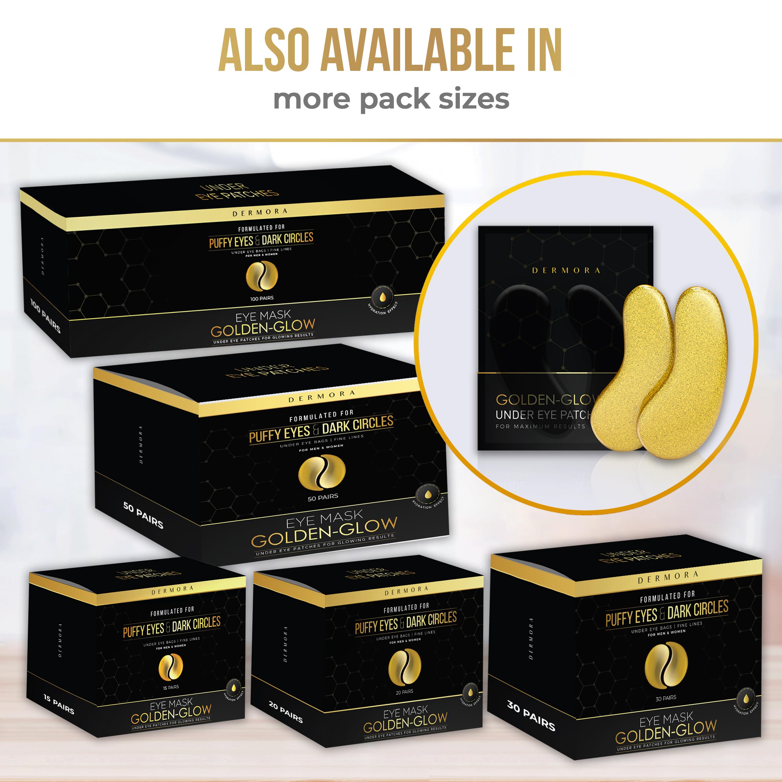 DERMORA Golden Glow Under Eye Patches (100 Pairs Eye Gels) | Rejuvenating Treatment | Dark Circles, Puffy Eyes, Refreshing, Revitalizing, Travel, Wrinkles