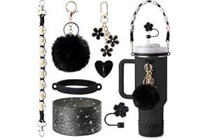 HWGOODYE 7Pcs Black Stanley Cup Accessories Set for 30oz 40oz Tumbler Water Bottle Handle Strap Boot, Siliocne Straw Cover, Stanley Keychain Charms Gifts