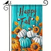 BlissYard Thanksgiving Fall Garden Flag 12x18 Inch Happy Fall Turquoise Pumpkin Outdoor Flag Double Sided Autumn Yard Banner with White Pumpkins Sunflowers and Acorns for Porch Lawn Patio Decor