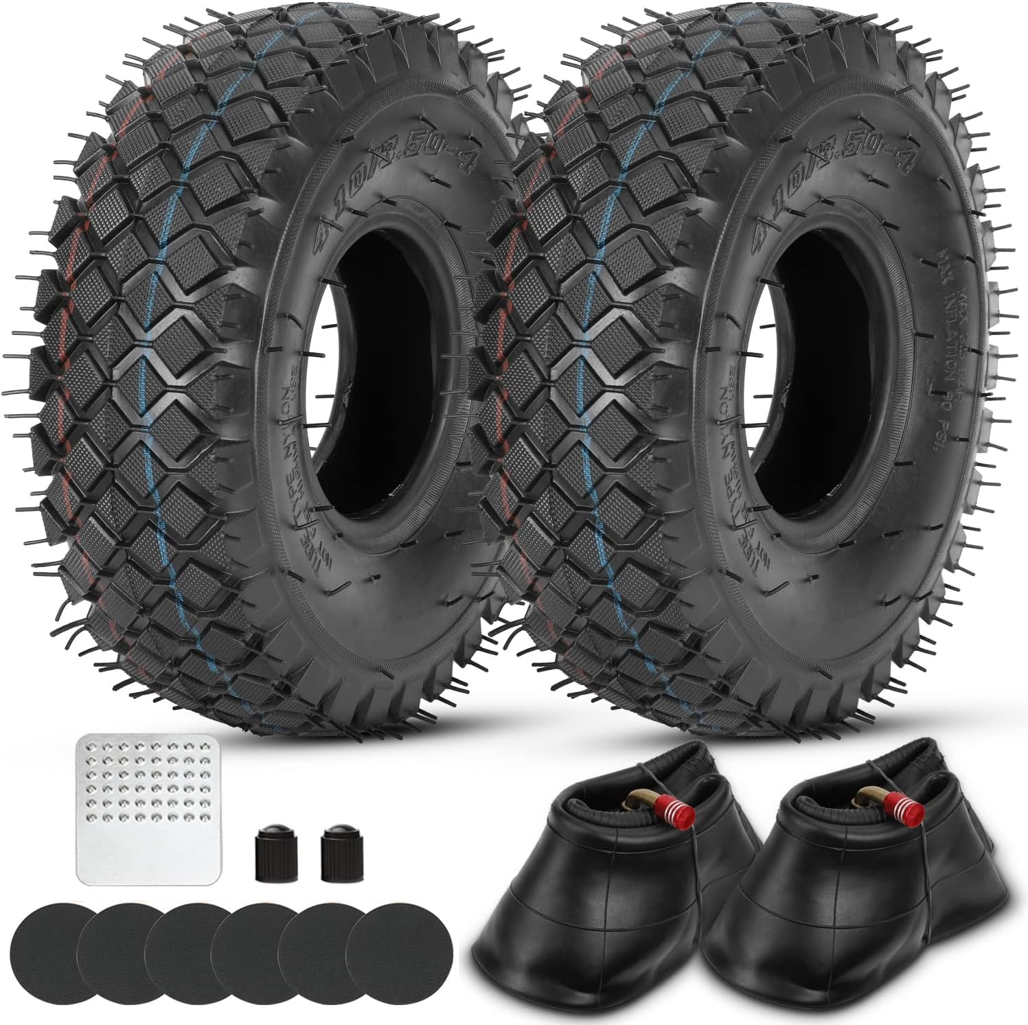 Photo 1 of GREHUA 2 Pack of 4.10/3.50-4 4.10-4 410-4 Tire & Inner Tube with Bent Valve Stem Replacement for Lawn Mowers Hand Trucks Dollies Wheelbarrow Wagons Yard Trailers Go Carts Generators Snow Blowers Parts