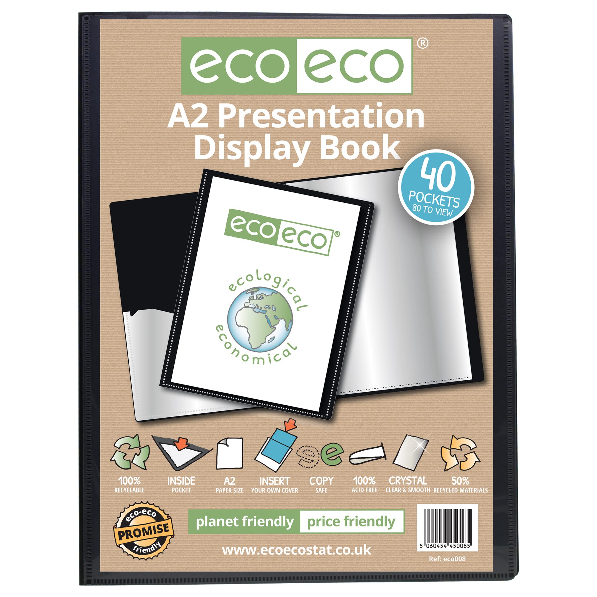 eco-eco A2 Size 50% Recycled 40 Pocket Black Presentation Display Book, Storage Case Portfolio Art Folder with Plastic Sleeves