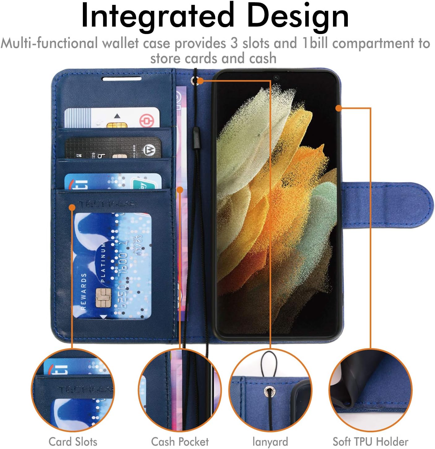 TECHGEAR Galaxy S21 Ultra Leather Wallet Case, Flip Protective Case Cover with Wallet Card Holder, Stand and Wrist Strap - Image 5