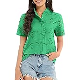 Funlingo Womens Summer Tops Dressy Casual Short Sleeve Lace Hollow Eyelet Ruffle Blouses Embroidered Button Down Shirt