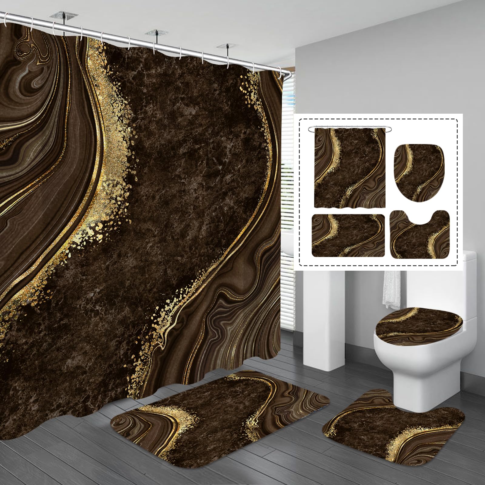 Photo 1 of Gibelle 4 Pcs Luxury Marble Shower Curtain Set with Non-Slip Rugs, Toilet Lid Cover and Bath Mat, Gold Foil Brown Bathroom Decor Set with Shower Curtain and Rugs and Accessories