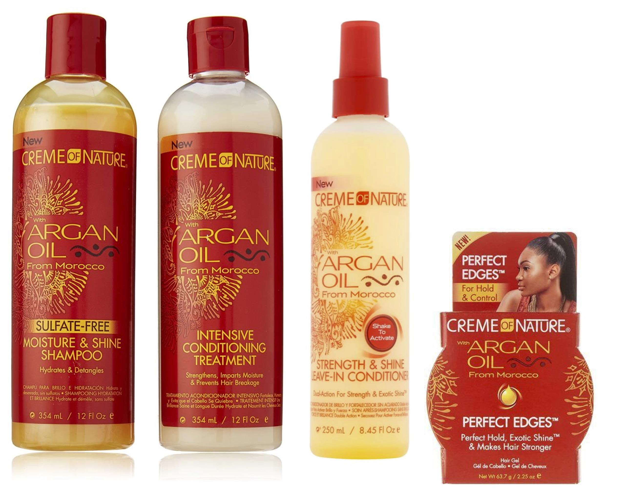 Crème Of Nature Argan Oil (SET OF 4) Sulphate Free Shampoo, 354ml| Intensive Conditioner, 354ml| Leave in Condtioner, 250ml| Perfect Edges 2.25oz
