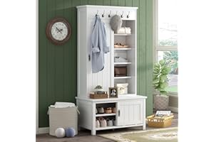 JIVOIT 70”H Hall Tree with Sliding Doors, Multifunctional Wood Coat Hanger with Storage Bench and Shelves, Mudroom Coat Storage with Hanging Hooks for Entryways Hallway Living Room