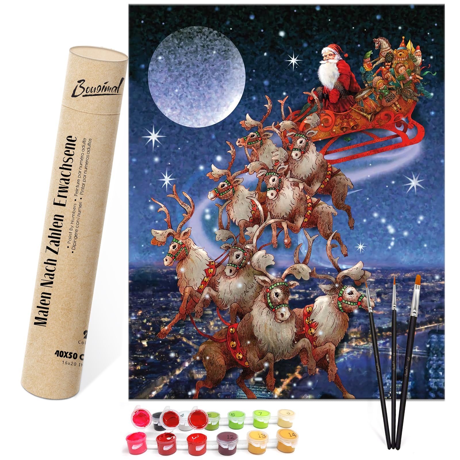 Bougimal Paint by Numbers for Adults Decor Without Frame, with Brushes & Enough Acrylic Paint, Santa Claus and Reindeer Theme for Christmas Gifts Thanksgiving Birthday, 40 x 50 cm