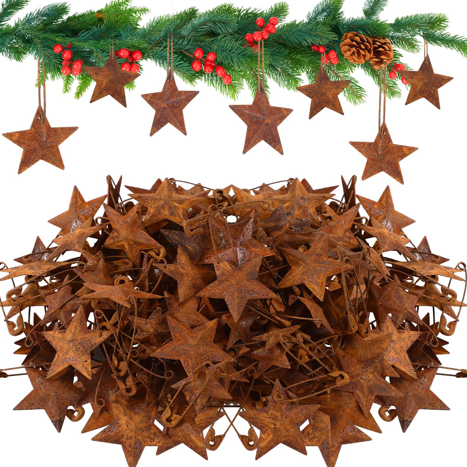 Photo 1 of 100 Pcs Christmas Rusty Metal Star Rustic Safety Pins Kit Craft for Christmas Tree Ornament Vintage Rusted Metal Star Primitive Hanging Holiday DIY Crafts for Farmhouse Home Wreath Decoration