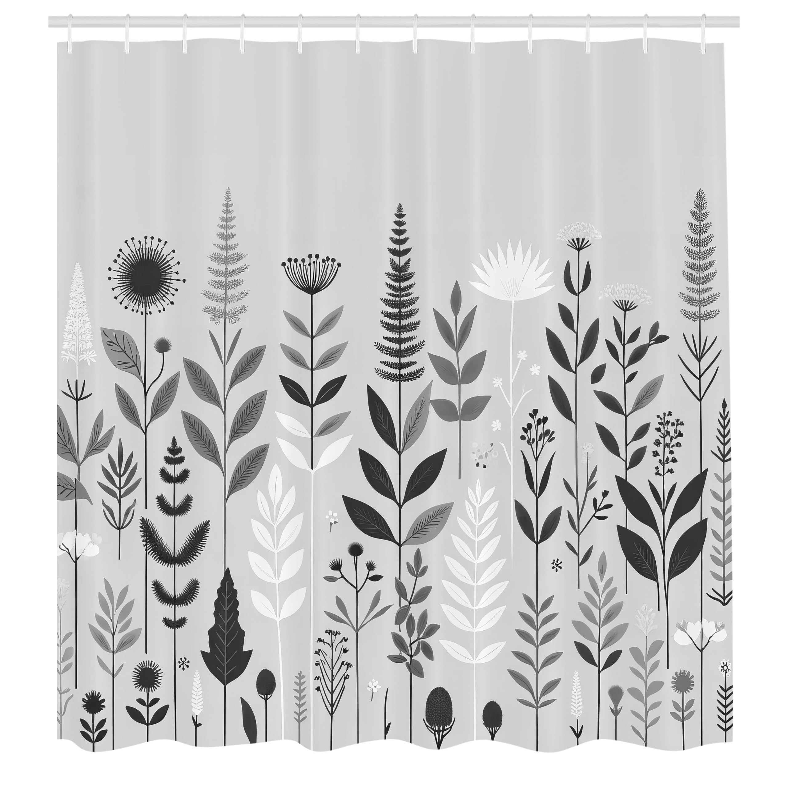 ABAKUHAUS Grey Shower Curtain, Simple Botany Scandi Leaves, Cloth Fabric Bathroom Decor Set with Hooks, 175 x 200 cm, Pale Purple Eggshell