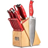JXWING 15-Piece Stainless Steel Kitchen Knife Block Set, Red | German High-carbon Stainless Steel Chef Knives, Forged Full Tang, Rubberwood Block