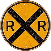 Framendino, 12 Inch Railroad Crossing Tin Sign Metal Traffic Wall Decor Rail Road Round Symbol