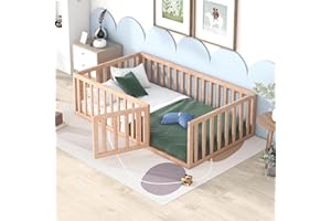 Harper & Bright Designs Twin Floor Bed with Rails, Montessori Floor Bed Wood Frame with Fence and Door, for Kids Girls Boys (Twin Size,Natural)