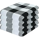 PurpleEssences 100% Cotton Waffle Weave Check Plaid Kitchen Towels, Super Soft and Absorbent Dish Towels for Drying Dishes 15x25-4 Pack - Spring Easter Summer - Black and White