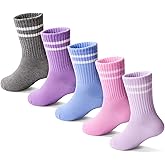 Sockswift Girls Socks Kids Cotton Socks Pink Crew Athletic Socks with Hearts & Stripes 5 Pairs