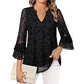 Womens Blouses Dressy Casual 3/4 Tiered Bell Sleeve Tops Double Layered Mesh V Neck Shirts