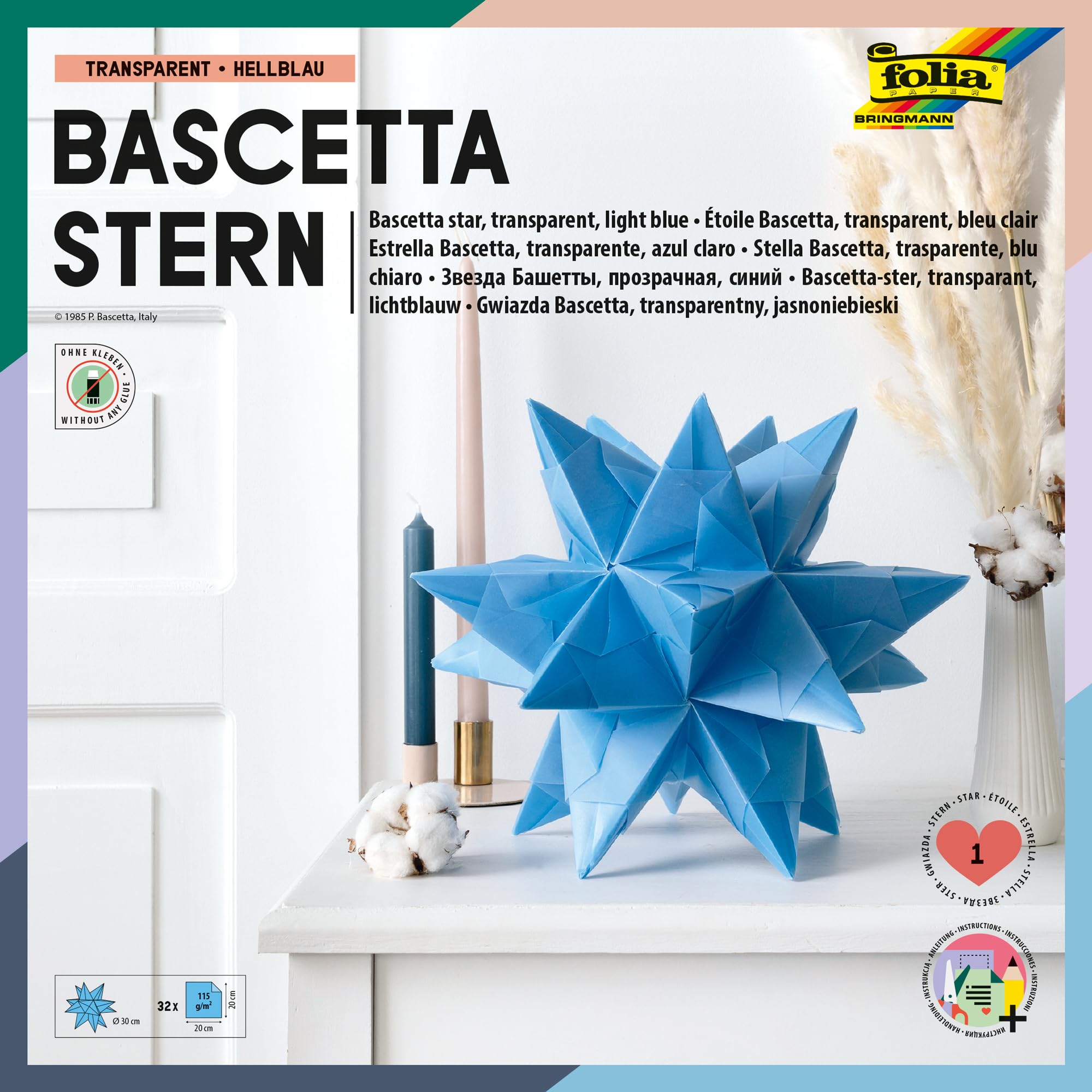 folia 830/2020 - Craft Set Bascetta Star, Transparent Light Blue, 20 x 20 cm, 32 Sheets, Finished Size of The Paper Star Approx. 30 cm, with Detailed Instructions - Ideal for Timeless Decoration