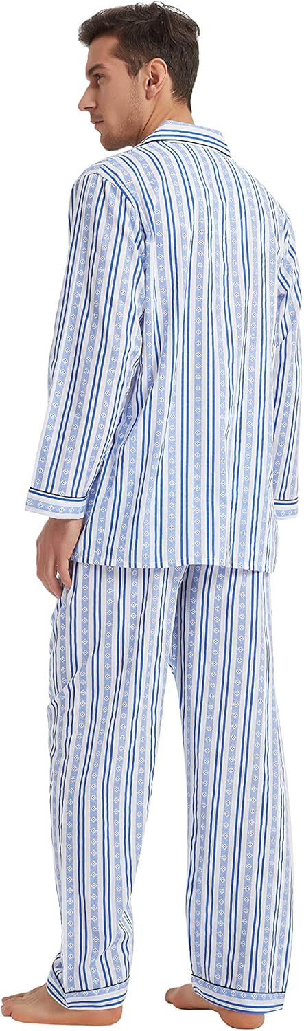 GLOBAL Mens Pajamas Set, 100% Cotton Woven Drawstring Sleepwear Set with Top and Pants/Bottoms at  Men’s Clothing store