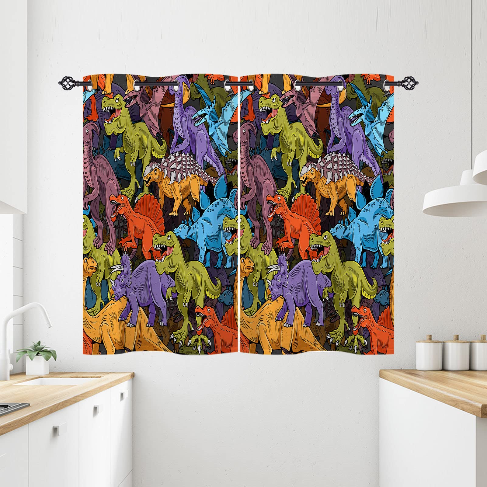 ANHOPE Dinosaur Curtains Eyelet Thermal Insulated Ring Top 80% Blackout Curtains with Jurassic Animal Dino Print Pattern Window Drapes for Kids Boys Girls Bedroom Living Room 28 x 54 Inch 2 Panels