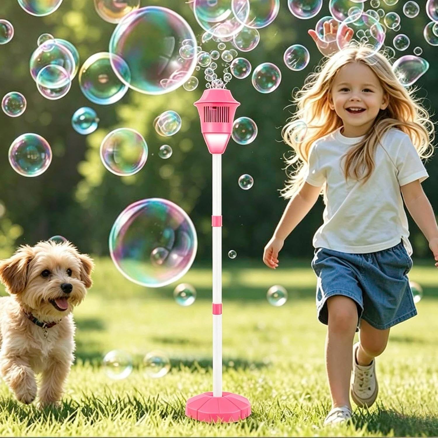 Standing Bubble Machine, Bubble Maker Stand with LED Lights, Automatic Bubbles Torch Garden Lamp, Road Lamp Shape Bubbles Blower, for Birthday Party, Backyard, Lawn, Park(Red)