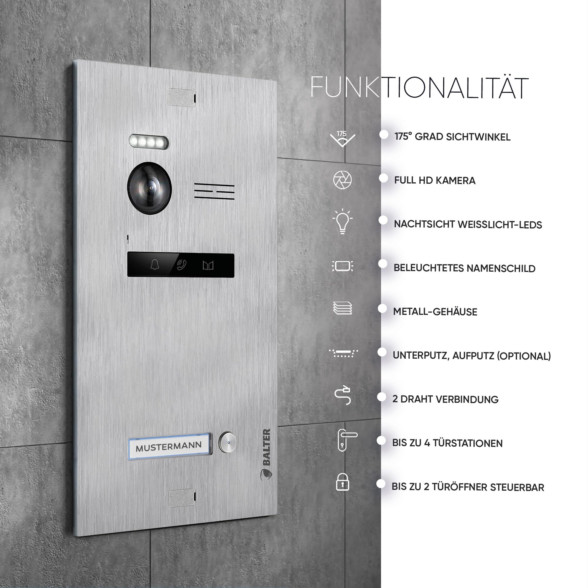 Balter EVO-HD Video Türsprechanlage, Video Türklingel, 1 Familienhaus Klingel, 7 Zoll HD-Monitor, Full HD-Kamera, 2 Draht Bus, Gegensprechanlage mit 175° Weitwinkel-Kamera 2