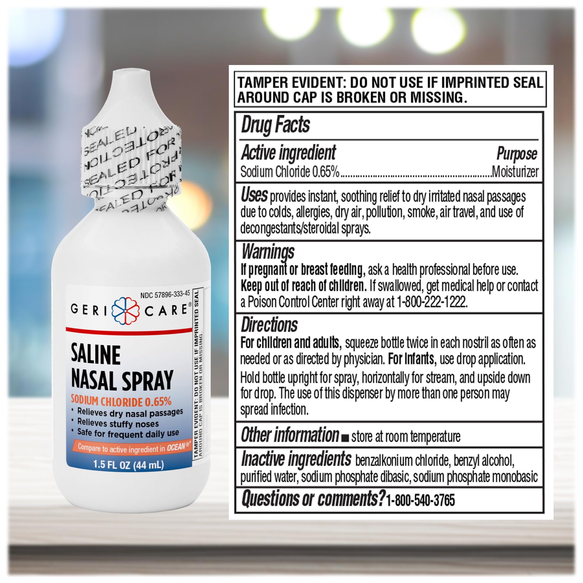 GeriCare Saline Nasal Spray 1.5 FL OZ Moisturizing Sodium Chloride 0.65% (Pack of 6)