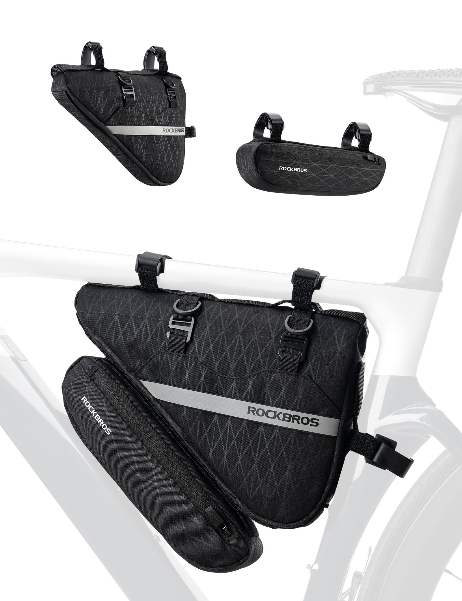 ROCKBROS Bicycle Bag Set 2-in-1 Removable Triangle Bag Handlebar Bag Frame Bag Triangle Bag for MTB Road Bike E-Bike 1.3 L + 0.7 L Black