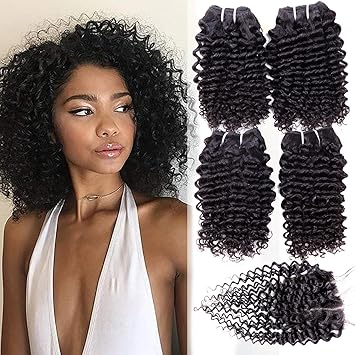 Kinky Curly Human Hair 4bundles With 4x4 Lace Closure Natural