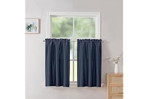 Chyhomenyc Uptown Navy Blue Kitchen Tier Curtains 36 Inch Length 2 Panels, Faux Silk Room Darkening Privacy Short Curtains for Small Window Farmhouse Bedroom Basement Bathroom, Each 30x36 Inch,