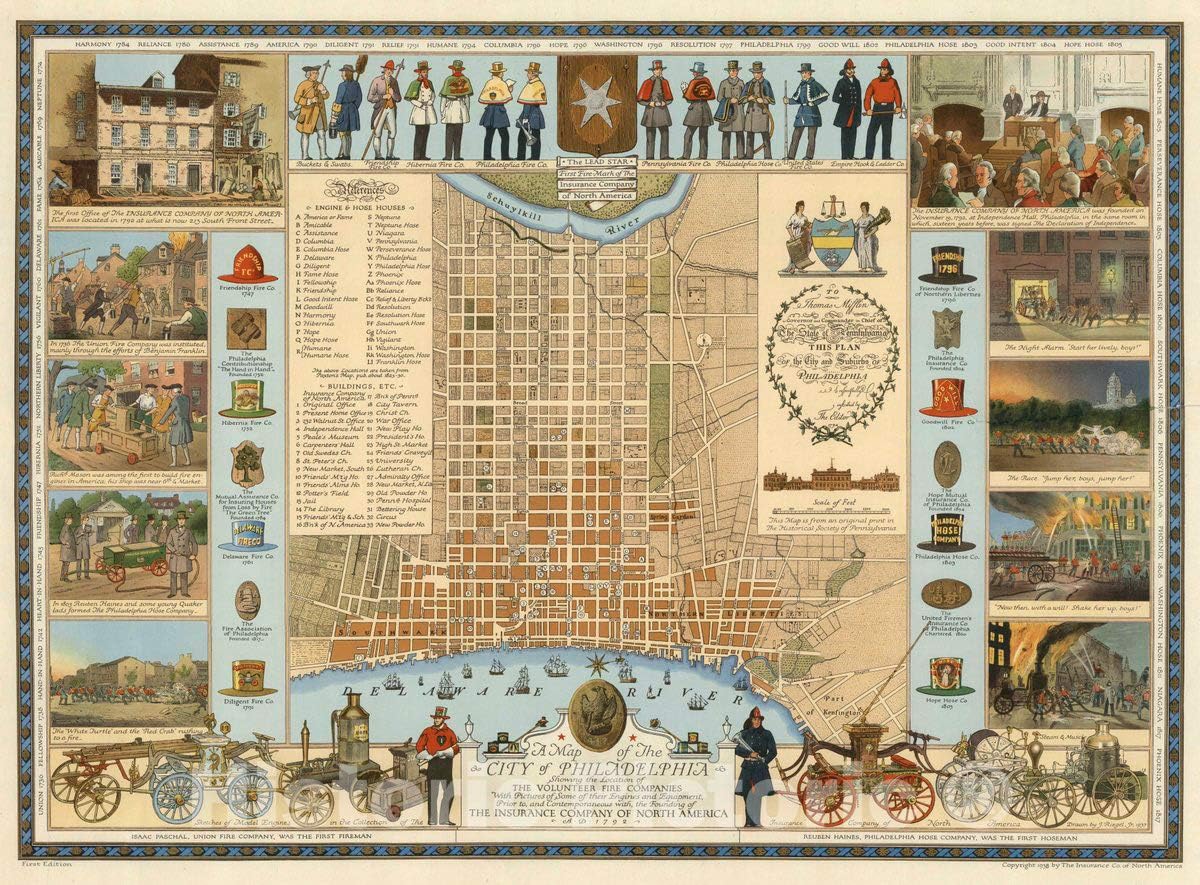 Historic Map - A Map of The City of Philadelphia Showing The Location of The Volunteer Fire Companies, 1938 Pictorial Map - Vintage Wall Art - 44in x 33in
