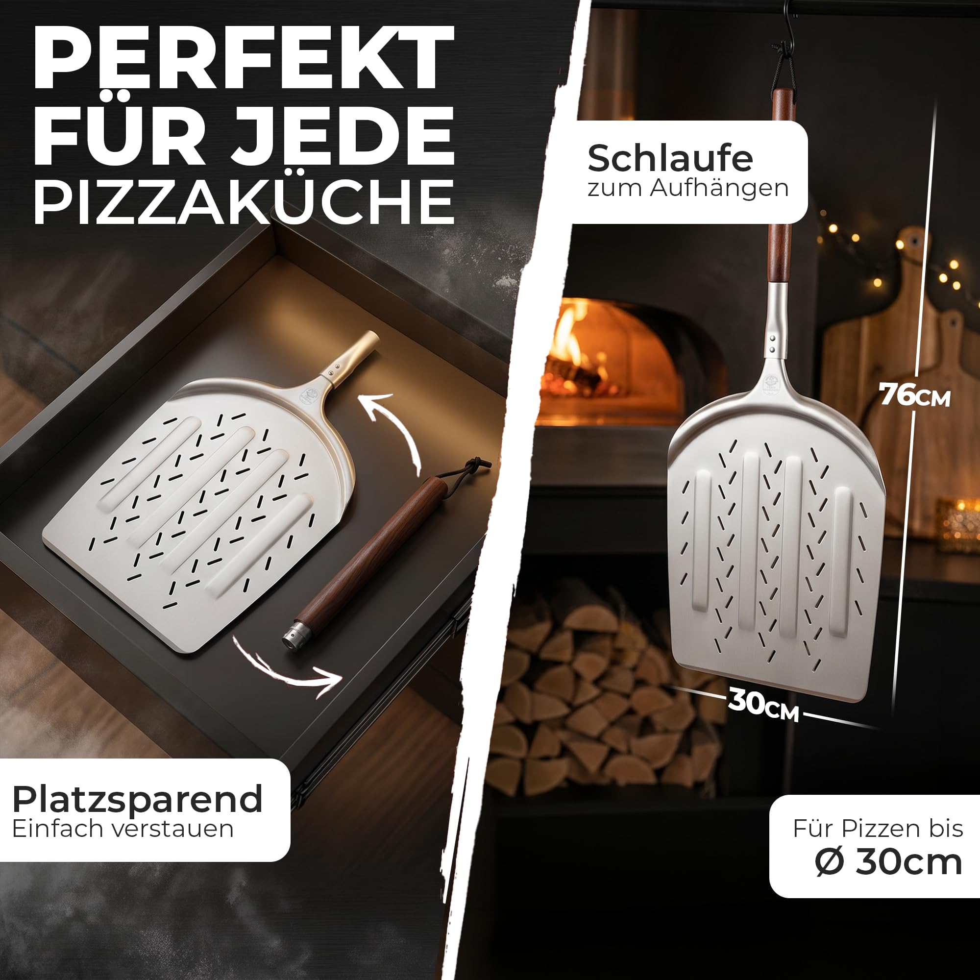OfenMomente® Pizzaschieber 12 Zoll (30 x 30 cm) - perforierte Pizzaschaufel aus eloxiertem Aluminum mit Akazienholzgriff - Leichter Pizzaheber für Pizzaofen, Gasgrill, Steinofen, Backofen & Grill 6