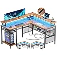 Unikito L Shaped Desk with LED Light and Power Outlet, Reversible Corner Computer Table with Monitor Stand and Storage Shelf, Modern L- Shaped Gaming Desk, Ergonomic Home Office Desk, Rustic Brown