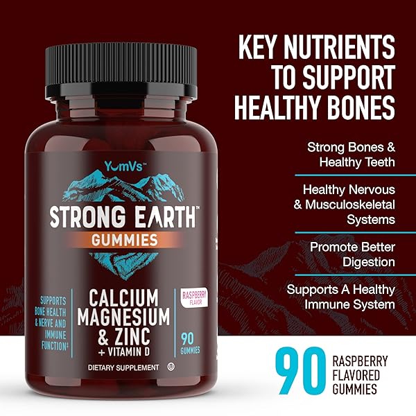 YUM-V’S STRONG EARTH CALCIUM, MAGNESIUM, ZINC AND VITAMIN D GUMMIES (90 COUNT) CALCIUM GUMMIES WITH VITAMIN D3 + ZINC & MAGNESIUM SUPPLEMENTS, DELICIOUS BONE HEALTH GUMMY SUPPLEMENTS