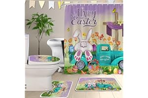 Cochpriet Easter Bunny Shower Curtain Sets Rug and Mat 4 PCS Tulip Butterfly Spring Truck Cross Easter Bathroom Decor Waterproof Purple Bath Curtain 72x72 Non-slip Rug Toilet Lid Cover Bathroom Mat