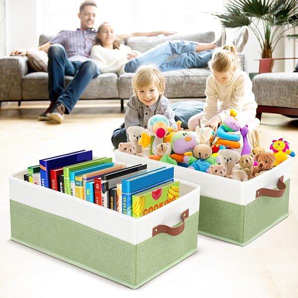 3 PACK LARGE CAPACITY STORAGE BINS CLOSET ORGANIZER FOR SHELVES, FABRIC CLOSET STORAGE BASKETS BOXES WITH LEATHER HANDLES FOR ORGANIZING CLOTHES, SHEETS, JEANS, TOYS, BOOKS (GREEN)