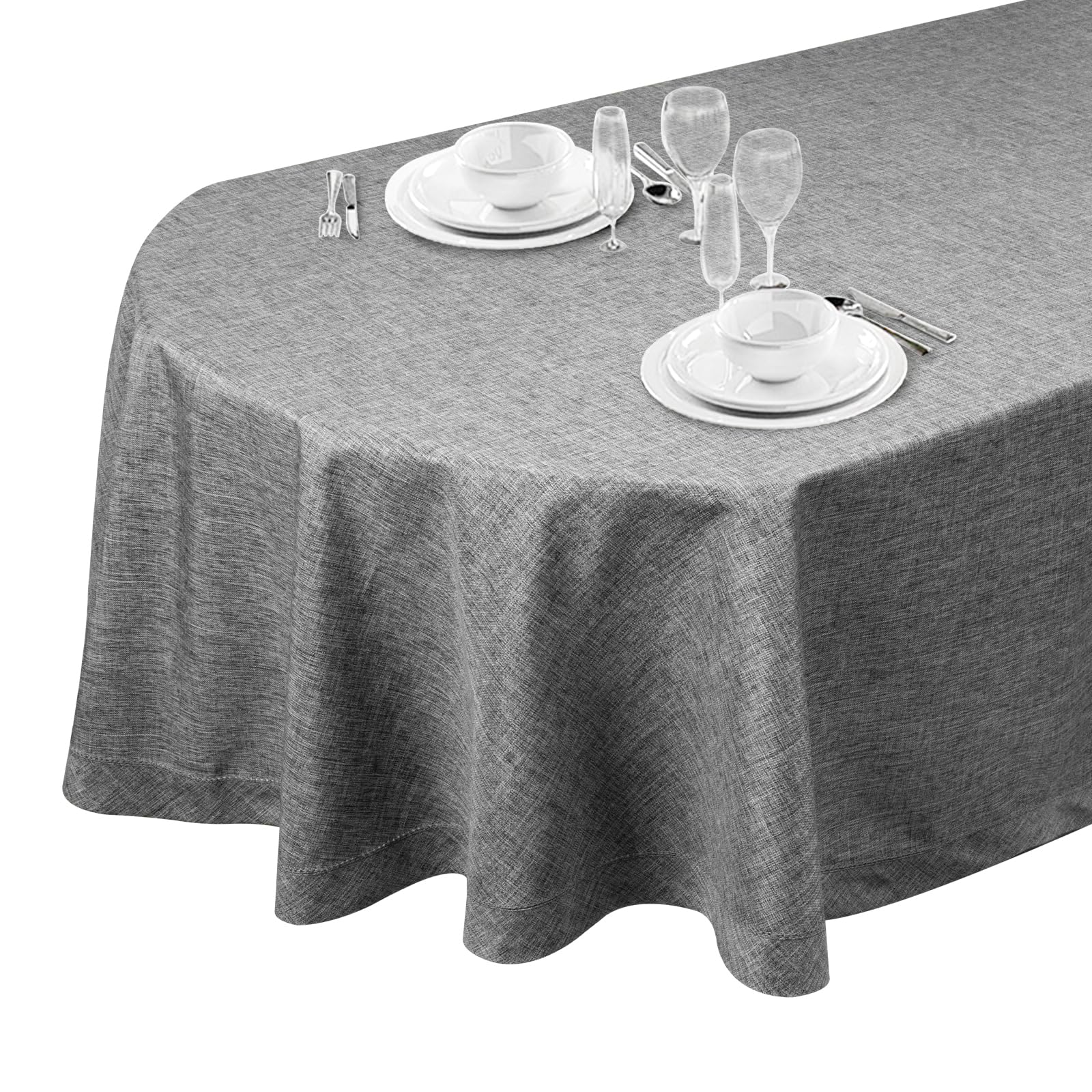 LLCUTESHOP Textured Oval Tablecloth Grey 61 x 84 Inch Wrinkle Free Table Cloth, Elegant Gray Linen Table Cover Solid Color, Hollow-Out Design, Premium Handmade, Natural Fabric for Dining Table