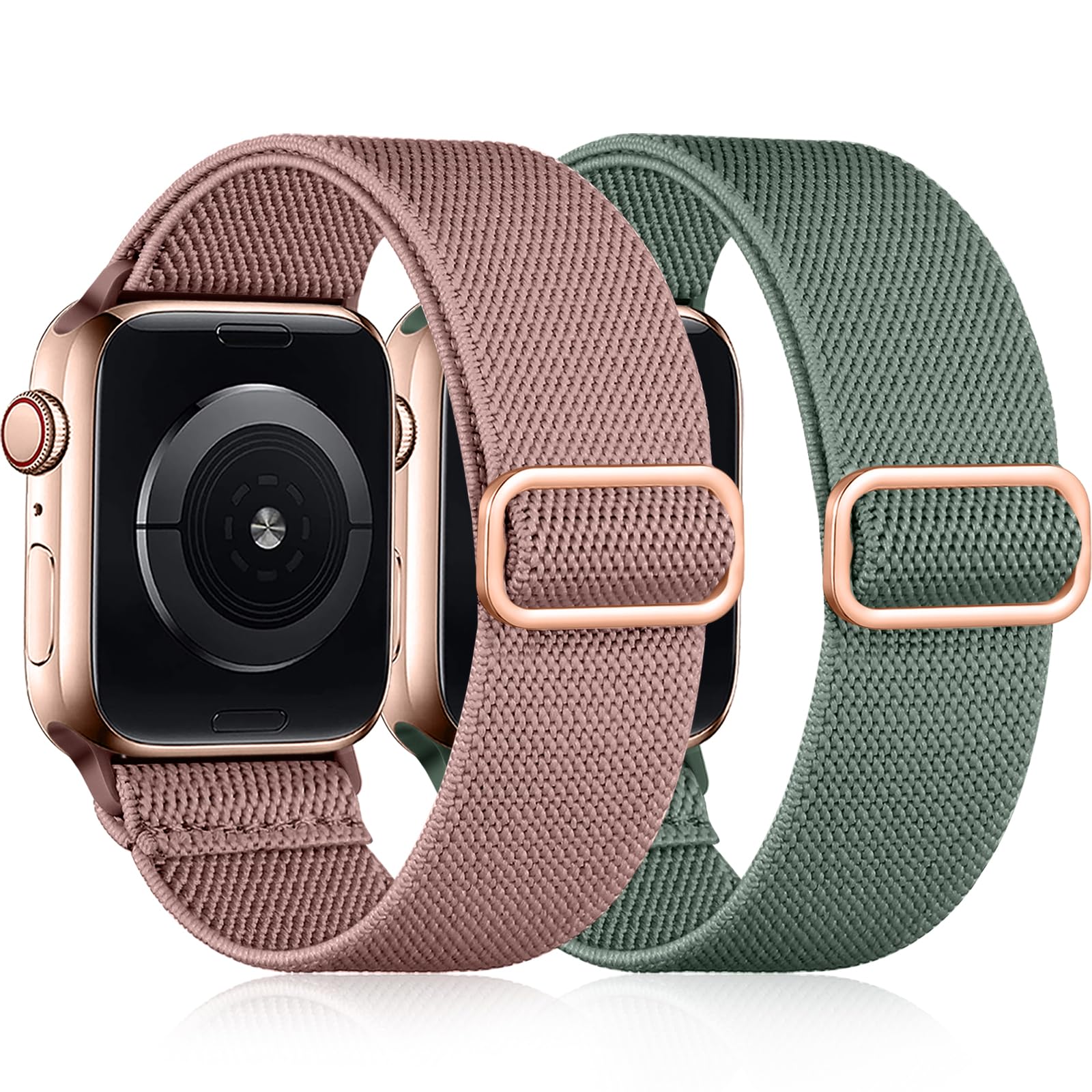 Easuny 2 Pack Elastic Strap Compatible with Apple Watch Strap 38mm 40mm 41mm 42mm, Adjustable Soft Nylon Band for iWatch Series 11 10 9 8 7 6 5 4 3 2 1 SE Ultra for Women Men, Pinegreen/Nude Pink