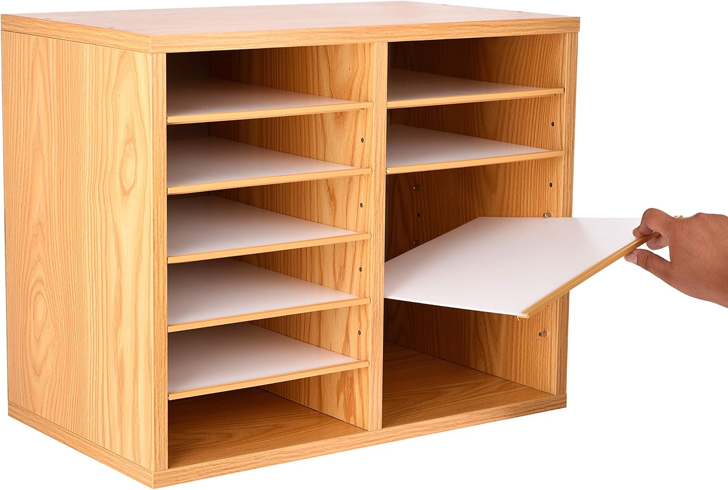 AdirOffice Wooden Literature Organizer Sorter - Stackable File Mail Craft Paper Storage Holder with Removable Shelves for Office, Classrooms, and Mailrooms Organization (12 Compartment, Medium Oak) : Office Products