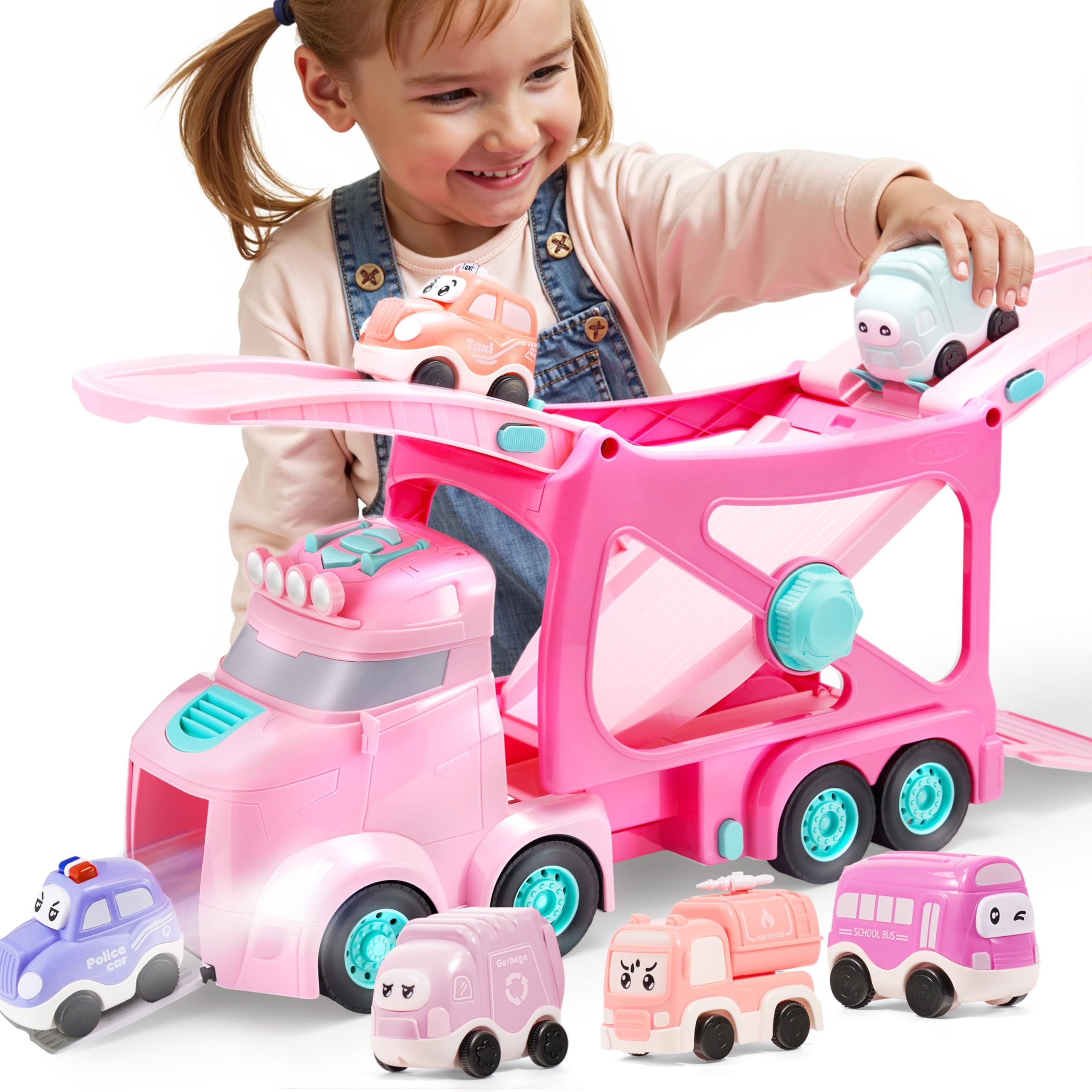 VROOMIX 3-Layer Extra Large Princess Pink Transporter Truck, Girls Toys Age 3 4 5 6, 7-in-1 Carrier Truck with Directional Speed Tracks, Siren & Lights, 6 Cars, Birthday Gifts Toy for 3 4 5+ Years Old