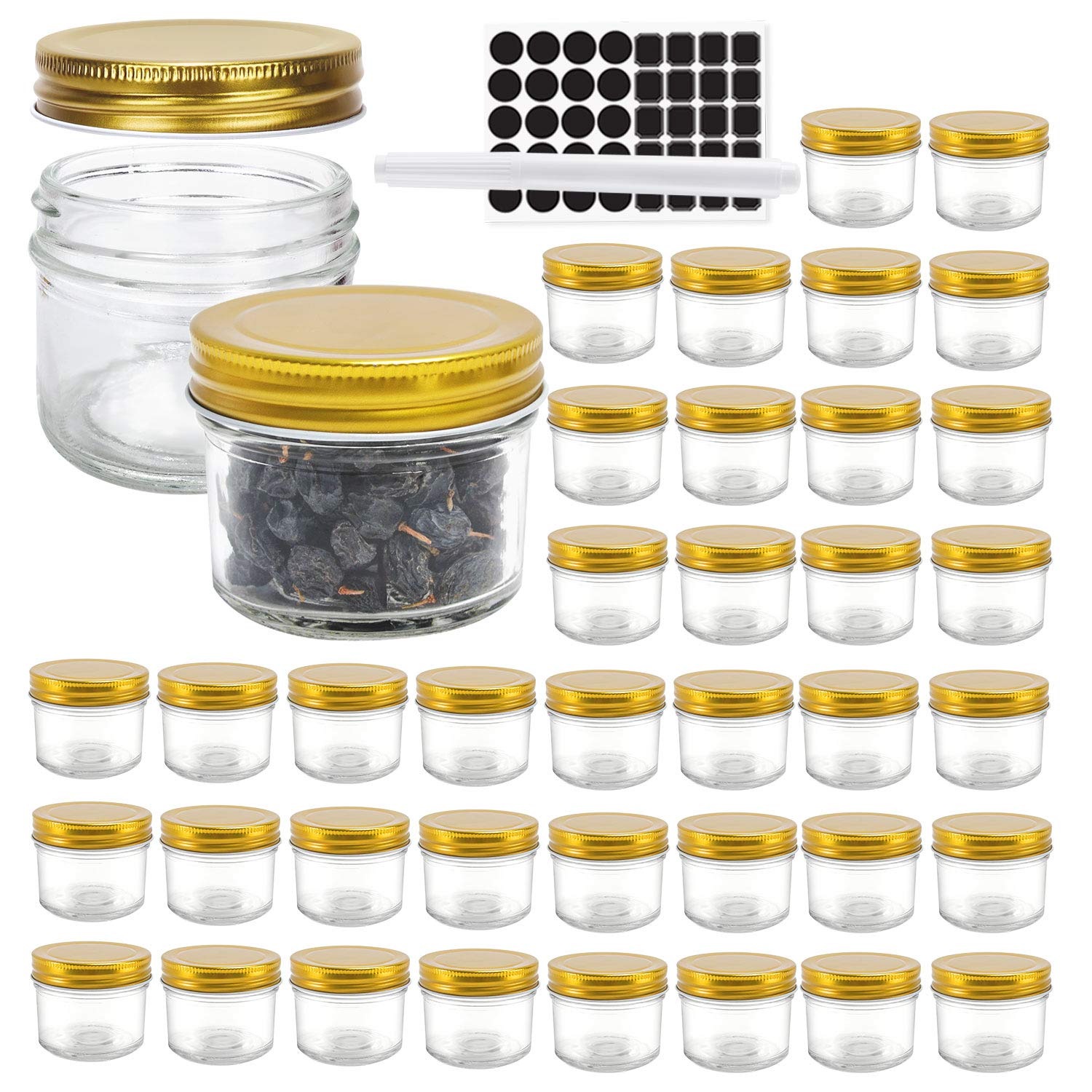Photo 1 of STARSIDE 40 Pack 4 oz Glass Mason jars With Regular Gold Lids, Perfect Canning Jars Containers for Jam, Honey, Candies,Wedding Favors, Decorations,Included 1 Pens and 80 Labels.
