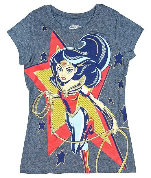 Wonder Woman in Star Girls' Licensed Short Sleeve Crew Neck Graphic T-Shirt (Medium)