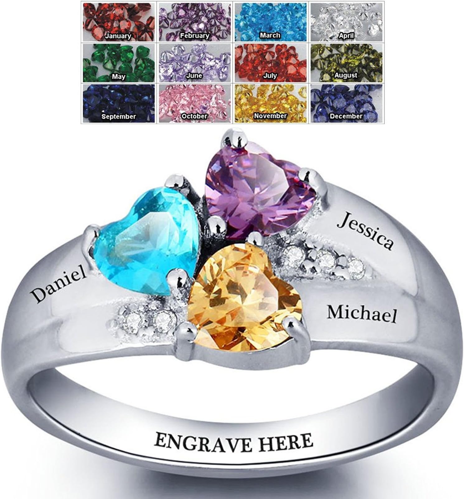Sterling Silver Mothers Rings with Birthstones, Choose 3 Birthstones 3 Names and 1 Engraving Customized and Personalized