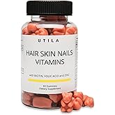 UTILA Hair Skin Nails Vitamins Gummies with Biotin, Folic Acid, Zinc | Healthy Hair, Nourish Skin, Strengthen Nails | 60 Count